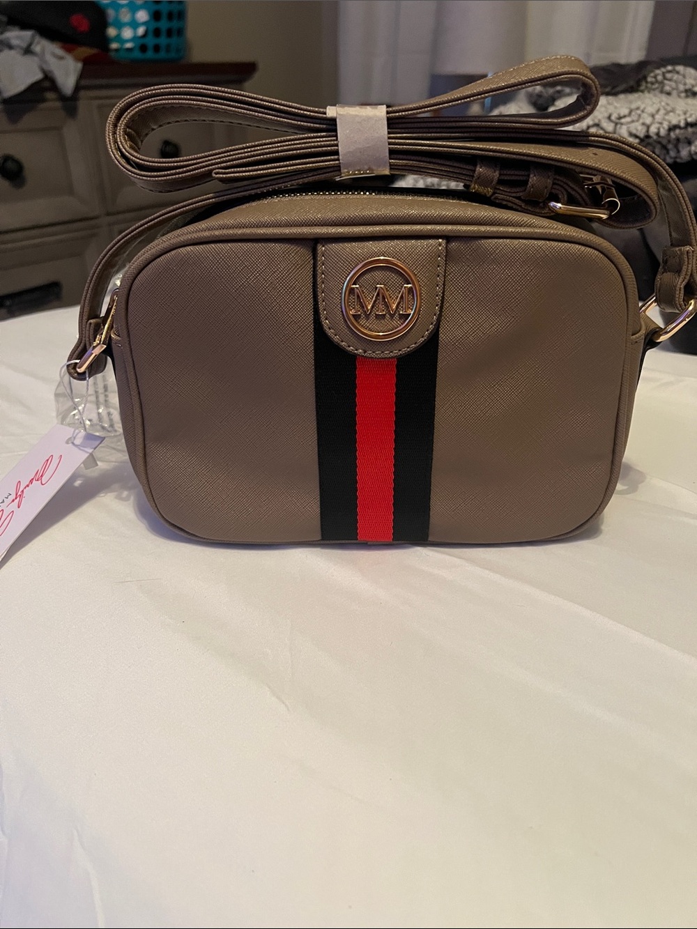 Marilyn Monroe Taupe Crossbody Bag with Black & Red Stripe
